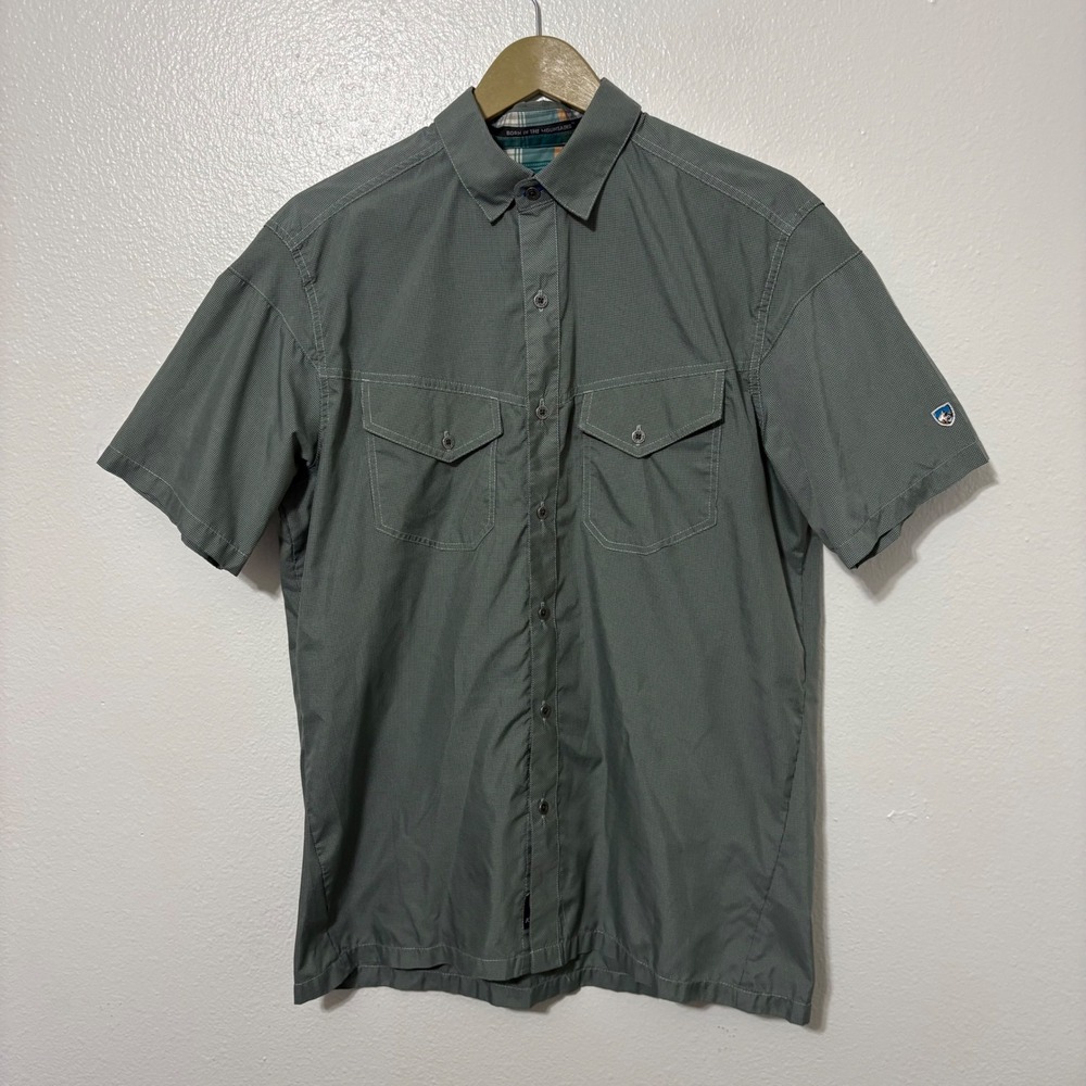 KUHL Size Medium Eluxur Green White Gingham Short Sleeve Button Up Shirt Travel
